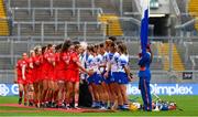 6 August 2022; Players from Cork and Waterford shake hands before the Glen Dimplex All-Ireland Camogie Championship Premier Senior Final match between Waterford and Cork at Croke Park in Dublin. Photo by Stephen Marken/Sportsfile