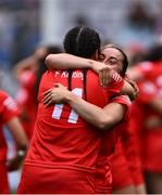 6 August 2022; Cork players, Fiona Keating, 11, and Amy O'Connor celebrate after their side's victory in the Glen Dimplex All-Ireland Camogie Championship Premier Senior Final match between Waterford and Cork at Croke Park in Dublin. Photo by Piaras Ó Mídheach/Sportsfile