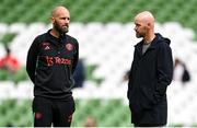 6 August 2023; Manchester United manager Erik ten Hag, right, and assistant manager Mitchell van der Gaag before the pre-season friendly match between Manchester United and Athletic Bilbao at the Aviva Stadium in Dublin. Photo by David Fitzgerald/Sportsfile