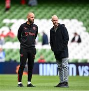 6 August 2023; Manchester United manager Erik ten Hag, right, and assistant manager Mitchell van der Gaag before the pre-season friendly match between Manchester United and Athletic Bilbao at the Aviva Stadium in Dublin. Photo by David Fitzgerald/Sportsfile