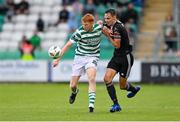 6 August 2023; Rory Gaffney of Shamrock Rovers in action against Cian Coleman of Cork City during the SSE Airtricity Men's Premier Division match between Shamrock Rovers and Cork City at Tallaght Stadium in Dublin. Photo by Seb Daly/Sportsfile