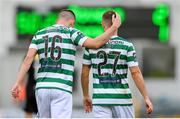 6 August 2023; Liam Burt of Shamrock Rovers, right, is congratulated by teammate Gary O'Neill after scoring their side's second goal during the SSE Airtricity Men's Premier Division match between Shamrock Rovers and Cork City at Tallaght Stadium in Dublin. Photo by Seb Daly/Sportsfile