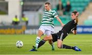 6 August 2023; Liam Burt of Shamrock Rovers in action against Cian Coleman of Cork City during the SSE Airtricity Men's Premier Division match between Shamrock Rovers and Cork City at Tallaght Stadium in Dublin. Photo by Seb Daly/Sportsfile