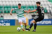 6 August 2023; Dylan Watts of Shamrock Rovers in action against Rokas Stanulevicius of Cork City during the SSE Airtricity Men's Premier Division match between Shamrock Rovers and Cork City at Tallaght Stadium in Dublin. Photo by Seb Daly/Sportsfile