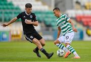 6 August 2023; Graham Burke of Shamrock Rovers in action against Aaron Bolger of Cork City during the SSE Airtricity Men's Premier Division match between Shamrock Rovers and Cork City at Tallaght Stadium in Dublin. Photo by Seb Daly/Sportsfile