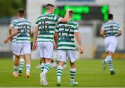 6 August 2023; Liam Burt of Shamrock Rovers, right, is congratulated by teammate Gary O'Neill after scoring their side's second goal during the SSE Airtricity Men's Premier Division match between Shamrock Rovers and Cork City at Tallaght Stadium in Dublin. Photo by Seb Daly/Sportsfile