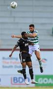 6 August 2023; Roberto Lopes of Shamrock Rovers in action against Tunde Owolabi of Cork City during the SSE Airtricity Men's Premier Division match between Shamrock Rovers and Cork City at Tallaght Stadium in Dublin. Photo by Seb Daly/Sportsfile