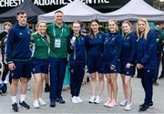 6 August 2023; Team Ireland swimmers and staff, from left, Head of performance nutrition David Tobin, physiologist Ciara Sinnott, para swimming performance director Dave Malone, swimmer Ellen Keane, swimming operations manager Hayley Burke, swimming team manager Sarah Hurley, performance analyst Niamh O Brien and chartered physiotherapist Elizabeth Melvin pose for a group photograph after day seven of the World Para Swimming Championships 2023 at Manchester Aquatics Centre in Manchester. Photo by Paul Greenwood/Sportsfile