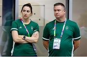 5 August 2023; Team Ireland swimming operations manager Hayley Burke, left, and para swimming performance director Dave Malone during day six of the World Para Swimming Championships 2023 at Manchester Aquatics Centre in Manchester. Photo by Paul Greenwood/Sportsfile