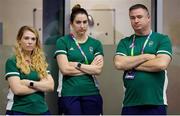 5 August 2023; From left, Team Ireland physiologist Ciara Sinnott, swimming operations manager Hayley Burke, and para swimming performance director Dave Malone during day six of the World Para Swimming Championships 2023 at Manchester Aquatics Centre in Manchester. Photo by Paul Greenwood/Sportsfile