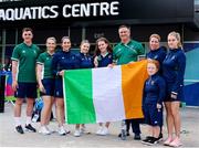 3 August 2023; Team Ireland swimmers and staff, from left, head of performance nutrition David Tobin, physiologist Ciara Sinnott, swimming operations manager Hayley Burke, performance analyst Niamh O Brien, swimmer Roisin Ni Riain, para swimming performance director Dave Malone, chartered physiotherapist Elizabeth Melvin, swimmer Dearbhaile Brady and swimming team manager Sarah Hurley after day four of the World Para Swimming Championships 2023 at Manchester Aquatics Centre in Manchester. Photo by Paul Greenwood/Sportsfile