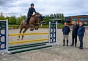 7 August 2023; Tom Wachman on Mangoon jump clear during a tour of Karlswood by Thomas Byrne, TD, Minister of State at the Department of Tourism, Culture, Arts, Gaeltacht, Sport and Media at the Department of Education, Denis Duggan, CEO of Horse Sport Ireland, and Irish Olympian and international showjumper, Cian O'Connor. Photo by Ray McManus/Sportsfile