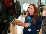 7 August 2023; The 2023 Irish World Para Swimming Championships Bronze medalist Ellen Keane is interviewed for the media at Dublin Airport on Team Ireland's return from the 2023 World Para Swimming Championships in Manchester. Photo by Tyler Miller/Sportsfile