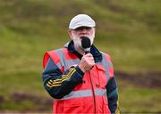 7 August 2023; Poc Fada official Damian Callan speaks at the finish line during the 2023 M. Donnelly GAA All-Ireland Poc Fada Finals at Annaverna Mountain in the Cooley Peninsula, Ravensdale, Louth. Photo by Piaras Ó Mídheach/Sportsfile