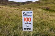 7 August 2023; A view of a sign near a finish line at the 2023 M. Donnelly GAA All-Ireland Poc Fada Finals at Annaverna Mountain in the Cooley Peninsula, Ravensdale, Louth. Photo by Piaras Ó Mídheach/Sportsfile