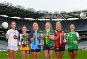 8 August 2023; In attendance at the 2023 TG4 All-Ireland Ladies Football Championship Finals Captains Day are, from left, Grace Clifford of Kildare, Caoimhe Harvey of Clare, Carla Rowe of Dublin, Síofra O'Shea of Kerry, Meghan Doherty of Down and Róisin Ambrose of Limerick at Croke Park in Dublin. Photo by Sam Barnes/Sportsfile