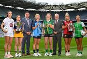 8 August 2023; In attendance at the 2023 TG4 All-Ireland Ladies Football Championship Finals Captains Day are, from left, Grace Clifford of Kildare, Caoimhe Harvey of Clare, Uachtarán Cumann Peil Gael na mBan, Mícheál Naughton, Carla Rowe of Dublin, Síofra O'Shea of Kerry, TG4 Chief Executive Officer Alan Esslemont, Meghan Doherty of Down and Róisin Ambrose of Limerick at Croke Park in Dublin. Photo by Sam Barnes/Sportsfile