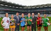 8 August 2023; In attendance at the 2023 TG4 All-Ireland Ladies Football Championship Finals Captains Day are, from left, Grace Clifford of Kildare, Caoimhe Harvey of Clare, Uachtarán Cumann Peil Gael na mBan, Mícheál Naughton, Carla Rowe of Dublin, Síofra O'Shea of Kerry, TG4 Chief Executive Officer Alan Esslemont, Meghan Doherty of Down and Róisin Ambrose of Limerick at Croke Park in Dublin. Photo by Sam Barnes/Sportsfile