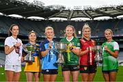 8 August 2023; In attendance at the 2023 TG4 All-Ireland Ladies Football Championship Finals Captains Day are, from left, Grace Clifford of Kildare, Caoimhe Harvey of Clare, Carla Rowe of Dublin, Síofra O'Shea of Kerry, Meghan Doherty of Down and Róisin Ambrose of Limerick at Croke Park in Dublin. Photo by Sam Barnes/Sportsfile