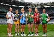8 August 2023; In attendance at the 2023 TG4 All-Ireland Ladies Football Championship Finals Captains Day are, from left, Grace Clifford of Kildare, Caoimhe Harvey of Clare, Carla Rowe of Dublin, Síofra O'Shea of Kerry, Meghan Doherty of Down and Róisin Ambrose of Limerick at Croke Park in Dublin. Photo by Sam Barnes/Sportsfile