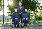 9 August 2023; Uachtarán Chumann Lúthchleas Gael Larry McCarthy with team vice-captain Melissa Griffith, left, and captain James McCarthy during a GAA Wheelchair Hurling Team photoshoot, before their departure for Prague, Czechia, at the Maldron Airport Hotel in Dublin. Photo by Ben McShane/Sportsfile