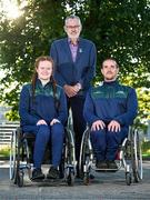 9 August 2023; Uachtarán Chumann Lúthchleas Gael Larry McCarthy with team vice-captain Melissa Griffith, left, and captain James McCarthy during a GAA Wheelchair Hurling Team photoshoot, before their departure for Prague, Czechia, at the Maldron Airport Hotel in Dublin. Photo by Ben McShane/Sportsfile