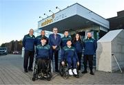 9 August 2023; Uachtarán Chumann Lúthchleas Gael Larry McCarthy with Ulster members of the GAA Wheelchair Hurling Team before their departure for Prague, Czechia, at the Maldron Airport Hotel in Dublin. Photo by Ben McShane/Sportsfile