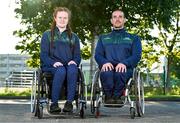 9 August 2023; Team vice-captain Melissa Griffith and captain James McCarthy during a GAA Wheelchair Hurling Team photoshoot, before their departure for Prague, Czechia, at the Maldron Airport Hotel in Dublin. Photo by Ben McShane/Sportsfile