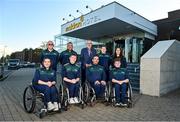 9 August 2023; Uachtarán Chumann Lúthchleas Gael Larry McCarthy with Munster members of the GAA Wheelchair Hurling Team before their departure for Prague, Czechia, at the Maldron Airport Hotel in Dublin. Photo by Ben McShane/Sportsfile
