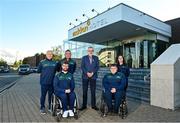 9 August 2023; Uachtarán Chumann Lúthchleas Gael Larry McCarthy with Connacht members of the GAA Wheelchair Hurling Team before their departure for Prague, Czechia, at the Maldron Airport Hotel in Dublin. Photo by Ben McShane/Sportsfile