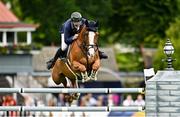 9 August 2023; Jonathan Smyth of Ireland competes on Mulvin Lui during Longines FEI Dublin Horse Show - Sport Ireland Classic at the RDS in Dublin. Photo by Sam Barnes/Sportsfile