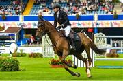 9 August 2023; Conor Swail of Ireland competes on Theo during Longines FEI Dublin Horse Show - Sport Ireland Classic at the RDS in Dublin. Photo by Sam Barnes/Sportsfile
