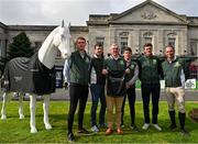 10 August 2023; In attendance at the Dublin Horse Show - Aga Khan squad photocall are, Horse Sport Ireland Showjumping High Performance director Michael Blake, third from left, and Aga Khan riders, from left, Daniel Coyle, Shane Sweetnam, Michael Pender, Michael Duffy and Cian O'Connor at the RDS in Dublin. Photo by Sam Barnes/Sportsfile