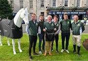 10 August 2023; In attendance at the Dublin Horse Show - Aga Khan squad photocall are, Horse Sport Ireland Showjumping High Performance director Michael Blake, third from left, and Aga Khan riders, from left, Daniel Coyle, Shane Sweetnam, Michael Pender, Michael Duffy and Cian O'Connor at the RDS in Dublin. Photo by Sam Barnes/Sportsfile
