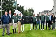10 August 2023; In attendance at the Dublin Horse Show - Aga Khan squad photocall are, from left, Horse Sport Ireland Chief Executive Denis Duggan, Founder and Manager of The Underwriting Exchange Stephen O'Connor, Cian O'Connor, Horse Sport Ireland Showjumping High Performance director Michael Blake, Michael Pender, Shane Sweetnam, Michael Duffy, Daniel Coyle, Brendan Ryan and Danielle Howard, both from The Underwriting Exchange, at the RDS in Dublin. Photo by Sam Barnes/Sportsfile