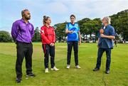 10 August 2023; Typhoons captain Rebecca Stokell, second from right, tosses the coin alongside Dragons captain Leah Paul, umpire Azam Baig, left, and HBV Studios commentator Stephen Alkin before the Evoke Super 50 Cup match between Dragons and Typhoons at The Hills Cricket Club in Dublin. Photo by Tyler Miller/Sportsfile