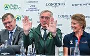10 August 2023; Ireland Chef d'Equipe Michael Blake, centre, speaking at the Longines FEI Jumping Nations Cup draw  during the Longines FEI Dublin Horse Show at the RDS in Dublin. Photo by Sam Barnes/Sportsfile