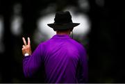 10 August 2023; Umpire Johnny Kennedy signals two runs during the Evoke Super 50 Cup match between Dragons and Typhoons at The Hills Cricket Club in Dublin. Photo by Tyler Miller/Sportsfile