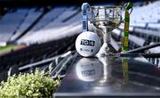 11 August 2023; The Brendan Martin Cup and the official matchday ball are seen ahead of next Sunday’s TG4 All-Ireland Ladies Senior Football Championship Final at Croke Park, Dublin. Photo by Piaras Ó Mídheach/Sportsfile
