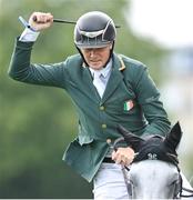 11 August 2023; Michael Duffy of Ireland celebrates on Cinca 3 after his ride in the Longines FEI Jumping Nations Cup™ of Ireland international competition during the 2023 Longines FEI Dublin Horse Show at the RDS in Dublin. Photo by David Fitzgerald/Sportsfile