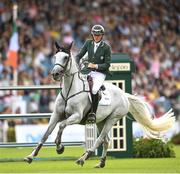 11 August 2023; Michael Duffy of Ireland competes on Cinca 3 during the Longines FEI Jumping Nations Cup™ of Ireland international competition during the 2023 Longines FEI Dublin Horse Show at the RDS in Dublin. Photo by David Fitzgerald/Sportsfile