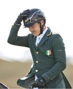 11 August 2023; Michael Pender of Ireland on Hhs Calais reacts after the Longines FEI Jumping Nations Cup™ of Ireland international competition during the 2023 Longines FEI Dublin Horse Show at the RDS in Dublin. Photo by David Fitzgerald/Sportsfile