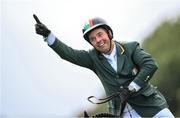 11 August 2023; Cian O'Connor of Ireland celebrates after his run on Eve d'Ouilly during the Longines FEI Jumping Nations Cup™ of Ireland international competition during the 2023 Longines FEI Dublin Horse Show at the RDS in Dublin. Photo by David Fitzgerald/Sportsfile