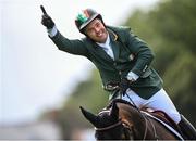 11 August 2023; Cian O'Connor of Ireland celebrates after his run on Eve d'Ouilly during the Longines FEI Jumping Nations Cup™ of Ireland international competition during the 2023 Longines FEI Dublin Horse Show at the RDS in Dublin. Photo by David Fitzgerald/Sportsfile