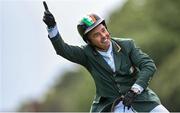 11 August 2023; Cian O'Connor of Ireland celebrates after his run on Eve d'Ouilly during the Longines FEI Jumping Nations Cup™ of Ireland international competition during the 2023 Longines FEI Dublin Horse Show at the RDS in Dublin. Photo by David Fitzgerald/Sportsfile