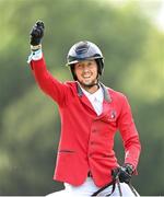 11 August 2023; Martin Fuchs of Switzerland celebrates on Leone Jei after his run in the Longines FEI Jumping Nations Cup™ of Ireland international competition during the 2023 Longines FEI Dublin Horse Show at the RDS in Dublin. Photo by David Fitzgerald/Sportsfile