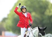 11 August 2023; Martin Fuchs of Switzerland celebrates on Leone Jei after his run in the Longines FEI Jumping Nations Cup™ of Ireland international competition during the 2023 Longines FEI Dublin Horse Show at the RDS in Dublin. Photo by David Fitzgerald/Sportsfile