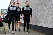11 August 2023; Shamrock Rovers players, from left, Gary O'Neill, Markus Poom and Dylan Watts arrive before the SSE Airtricity Men's Premier Division match between Shelbourne and Shamrock Rovers at Tolka Park in Dublin. Photo by Seb Daly/Sportsfile