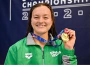 11 August 2023; Mona McSharry of Ireland celebrates with her gold medal after winning the women's 50m breaststroke final during day one of the European U23 Swimming Championships at the National Aquatic Centre in Dublin. Photo by Tyler Miller/Sportsfile