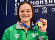 11 August 2023; Mona McSharry of Ireland celebrates with her gold medal after winning the women's 50m breaststroke final during day one of the European U23 Swimming Championships at the National Aquatic Centre in Dublin. Photo by Tyler Miller/Sportsfile